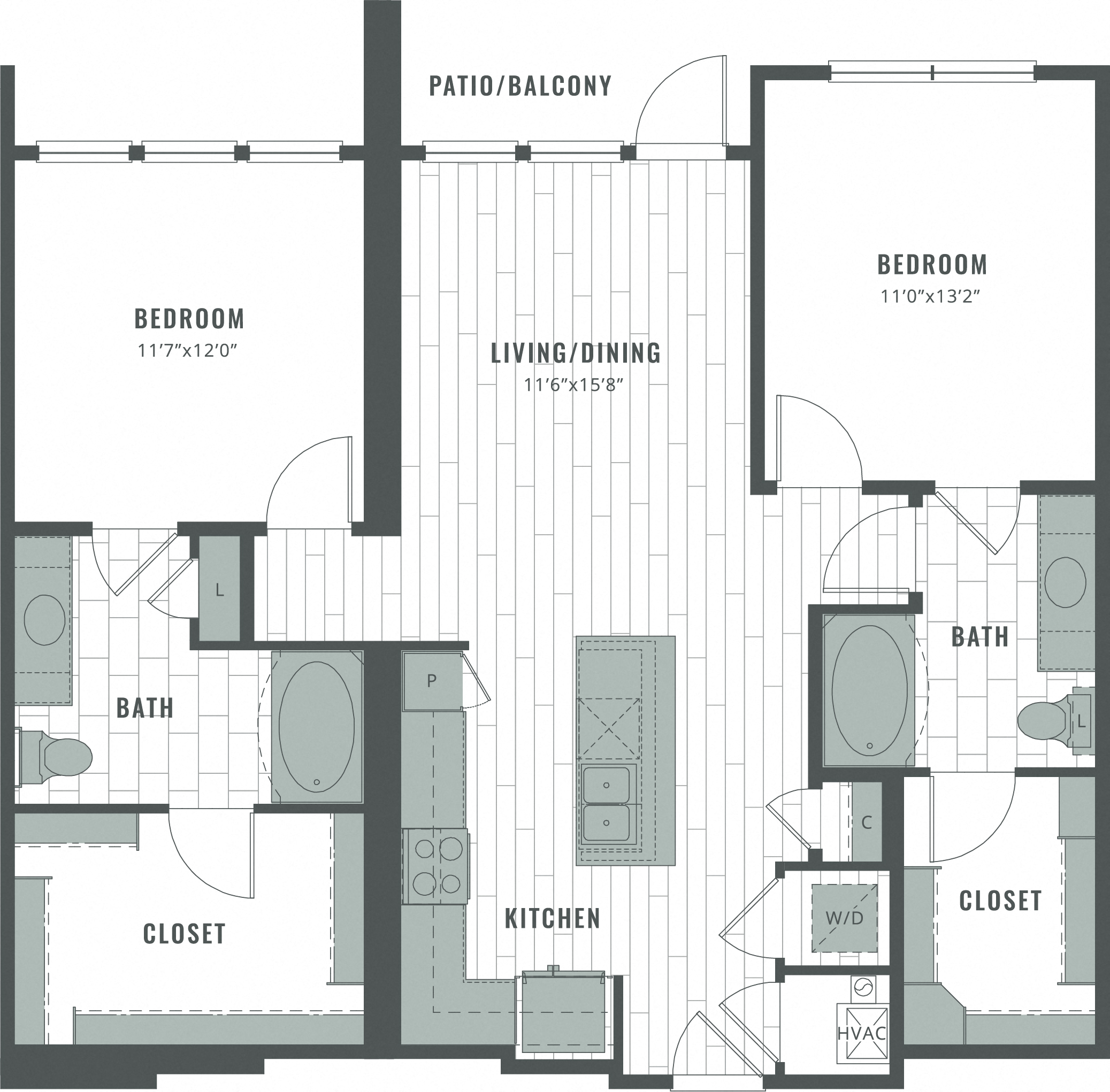 Floor plan for 2 beds, 2 baths, 1173 sqft
